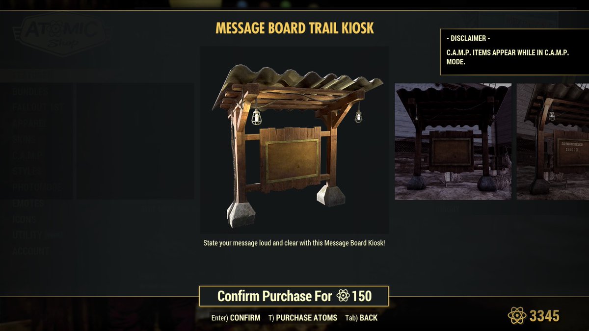 WastelanDweller's tweet image. #Fallout76 Atomic Shop Daily Sales 50% - Message Board Trail Kiosk (Price 150 Atoms).
