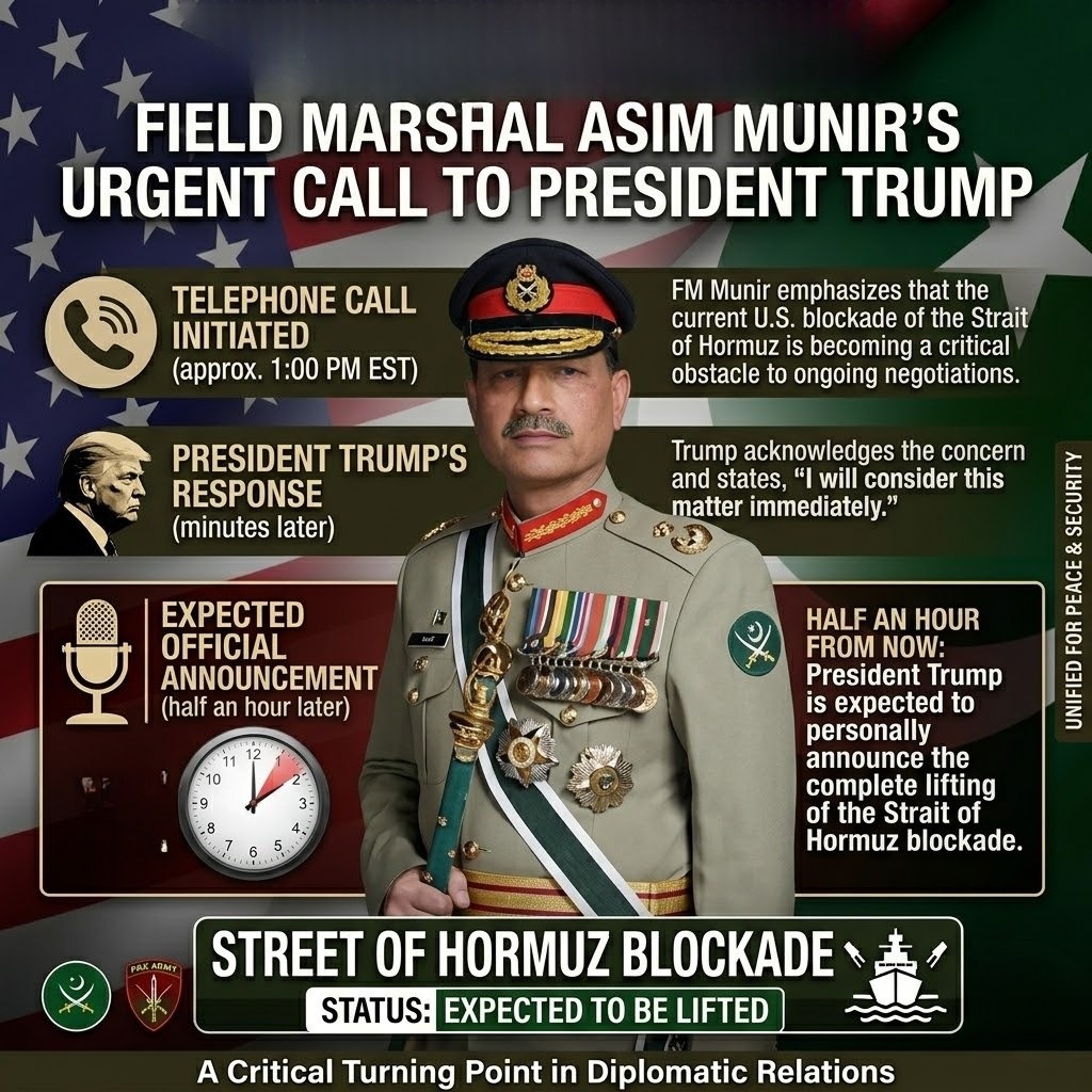 Field Marshal Syed Asim Munir has telephoned US President Trump and informed him that the blockade of the Strait of Hormuz by the United States is becoming an obstacle in the negotiations. In response, President Trump said that he will consider this matter.