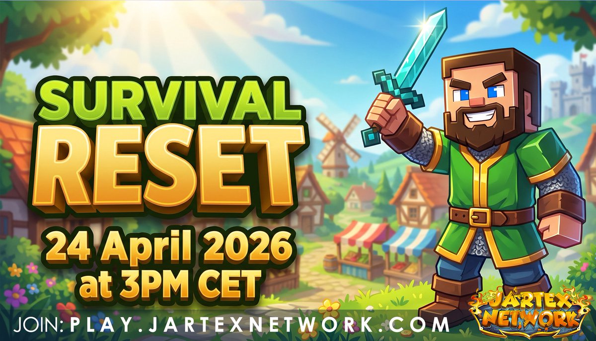 JartexNetwork's tweet photo. JartexNetwork - Survival Reset

Survival Reset will reset this Friday 24 april 2026 at 3PM CET!

📚Find out more: https://t.co/0XuSrMk5Kt

We are giving away the following:
  ▪️1x €50 gift card

▶️ Like, Follow Retweet to win! https://t.co/9X8HepxKFu
