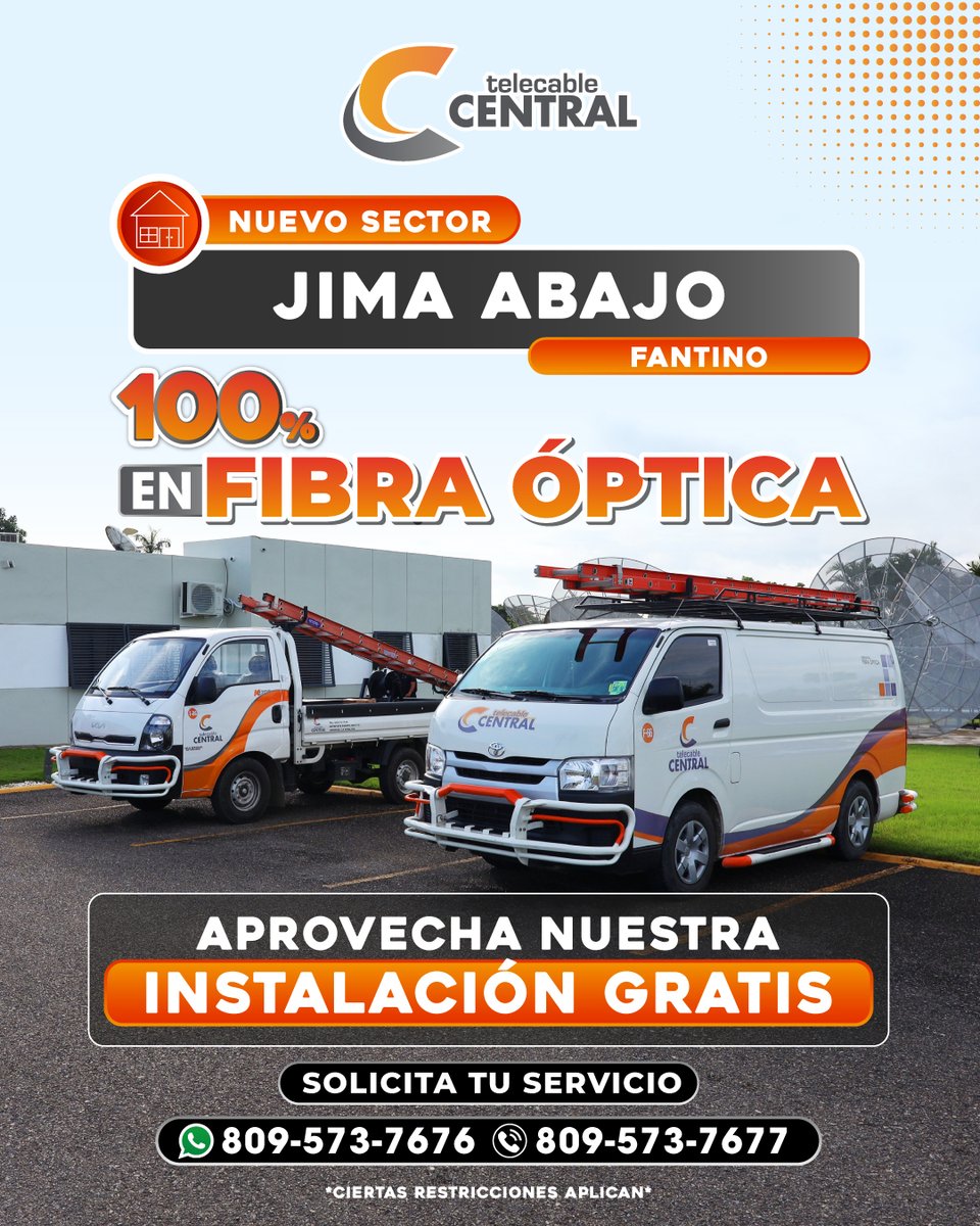 telecentral's tweet photo. 📡 ¡Nuevo Sector con cobertura!
🌐 100% Fibra Óptica ahora disponible en:

📍 Jima Abajo - Fantino

⚡ Aprovecha nuestra instalación GRATIS y disfruta internet rápido, estable y sin interrupciones.

📞 Solicita tu servicio: 809-573-7676 / 809-573-7677

🌐 https://t.co/gbQ6WXslFu

🔶 Ciertas restricciones aplican.

#FibraÓptica #TelecableCentral #NuevosSectores #NuevaCobertura #InternetRD #Fantino #InternetEnCasa #TeDaMás