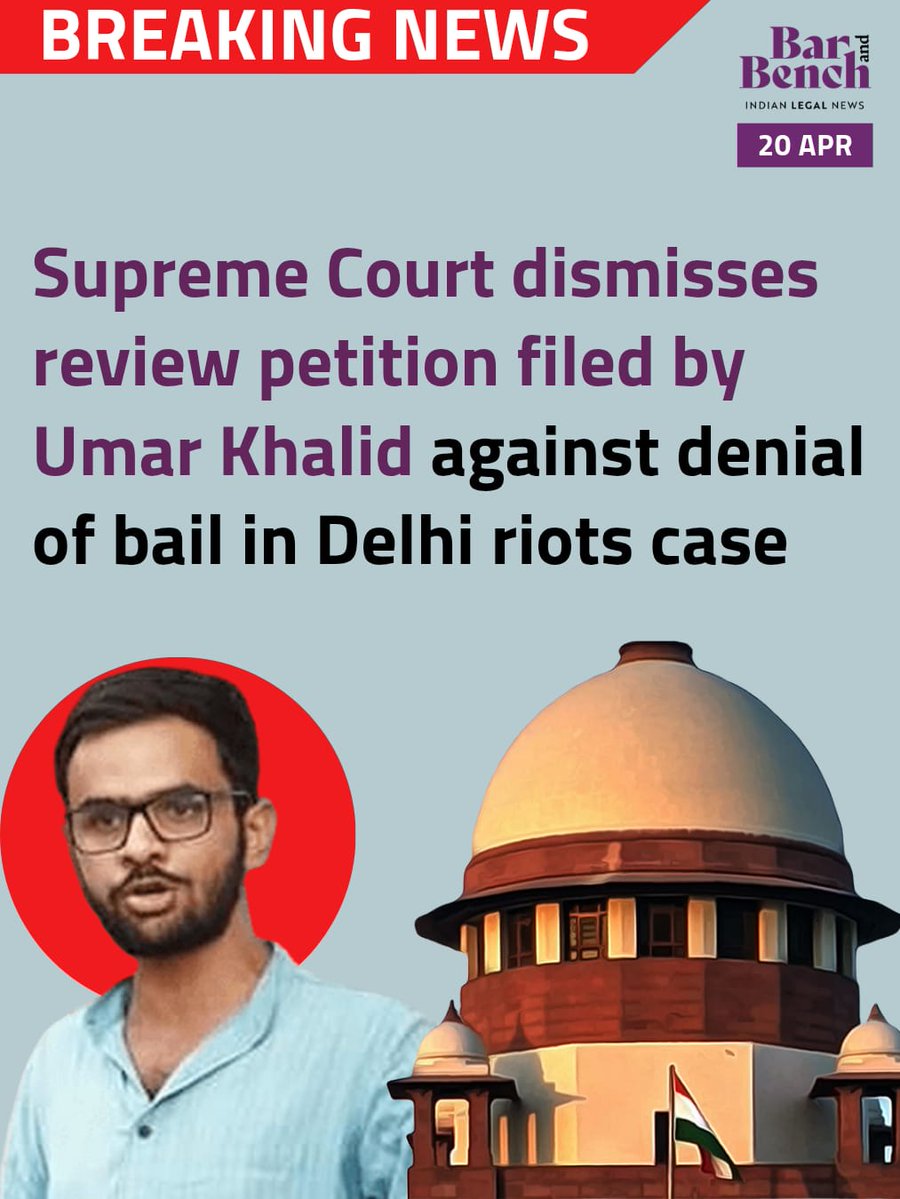 barandbench's tweet image. #BreakingNews
Supreme Court dismisses review petition filed by Umar Khalid against denial of bail in Delhi riots case

Read here: barandbench.com/news/supreme-c…
