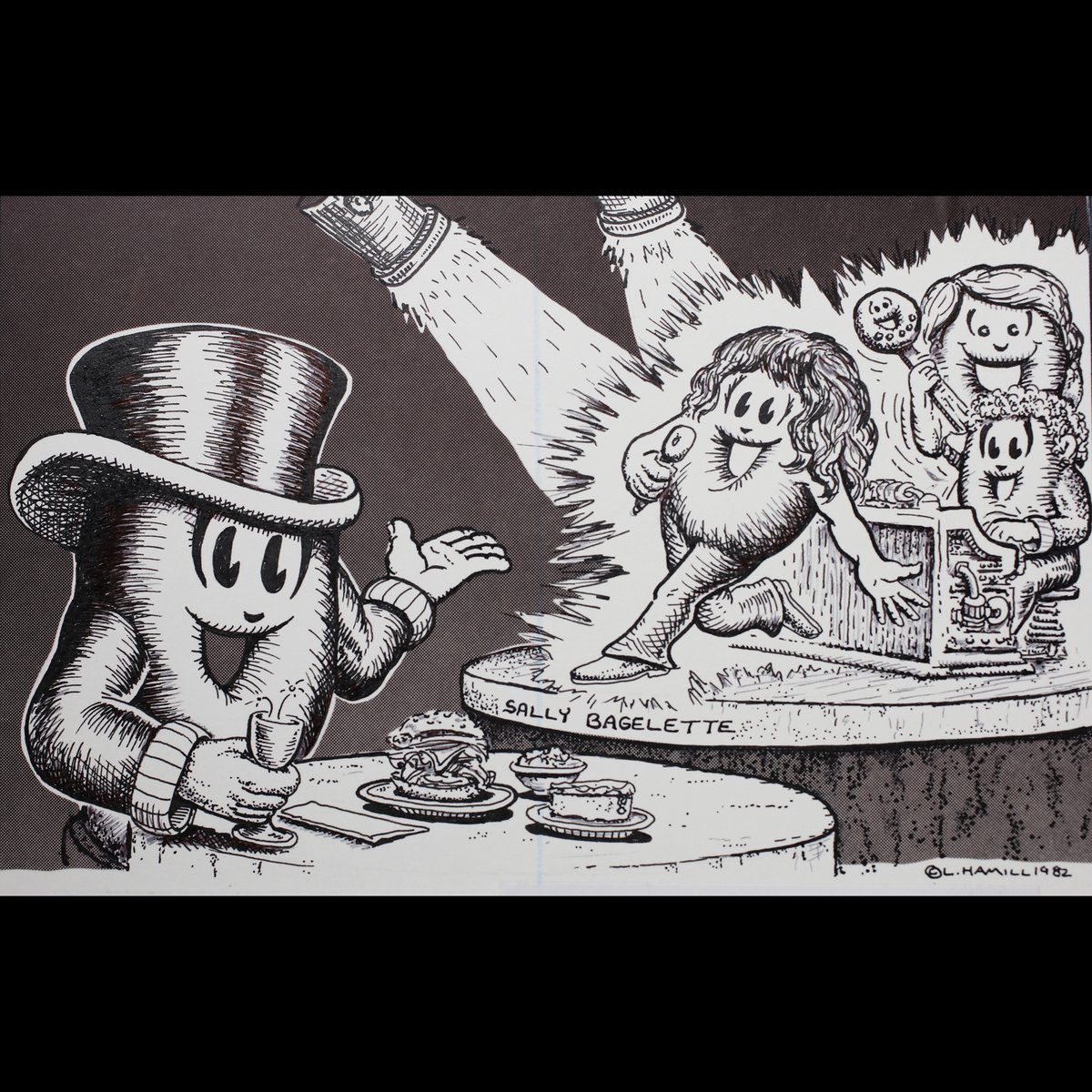 Bernie's Bagels 1982 Flashback when Sally Fingerett used to perform there on Campus. Illustration by L. Hamill.