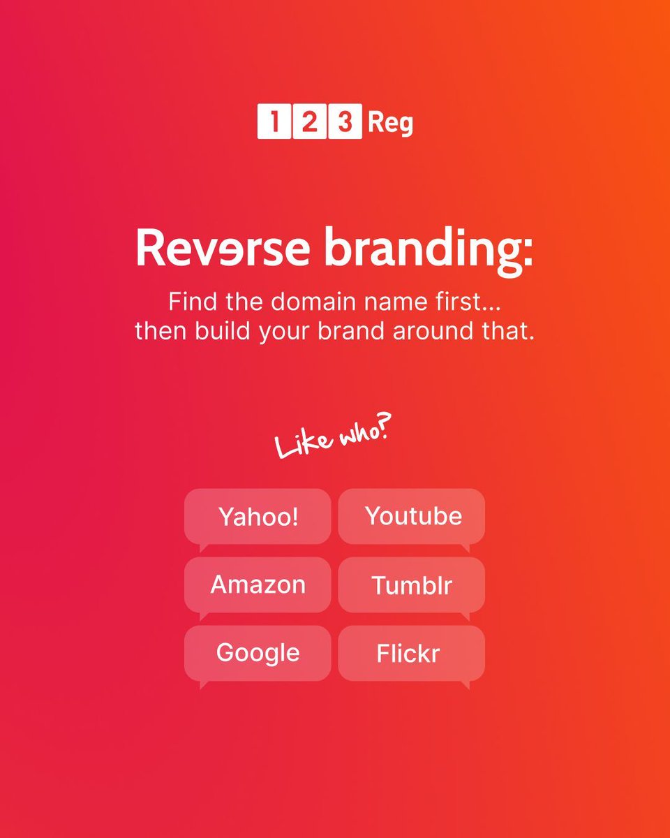 123reg's tweet image. Find the domain name first… then build your brand around it. Reverse branding starts with a domain you love, then shapes your business name and identity around it. That quirky domain could spark your next big idea.
#brand #startupuk #ukbusiness #businessideas