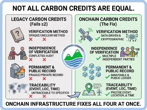 BigWProtocol's tweet photo. Not all carbon credits are equal.

The difference between a credit worth holding and one that ends up in a greenwashing scandal comes down to four things:

1⃣How the underlying action was verified.
2⃣Whether the verification was independent.
3⃣Whether the record is permanent and public.
4⃣Whether the credit can be traced to a specific event, location, and time.

Most credits on the market today fail at least two of these.

Onchain infrastructure is how you fix all four at once.