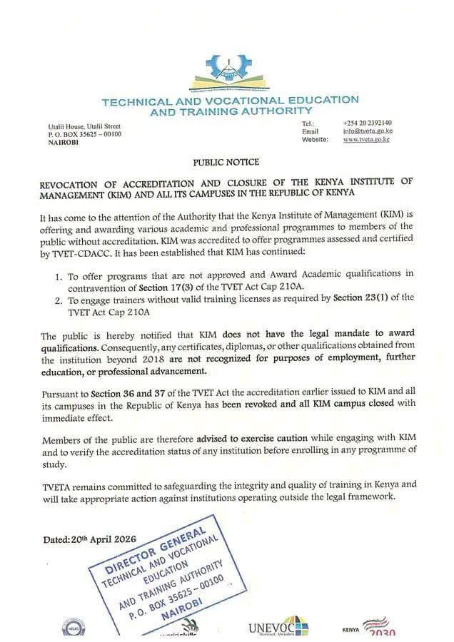 GossipCafe___'s tweet photo. BREAKING: 
TVETA has revoked the accreditation of the Kenya Institute of Management (KIM) and ordered the  immediate closure of all campuses. Effectively, the education authority declared certificates issued after 2018 invalid for employment and academic progression. https://t.co/Qgl32PfGnN