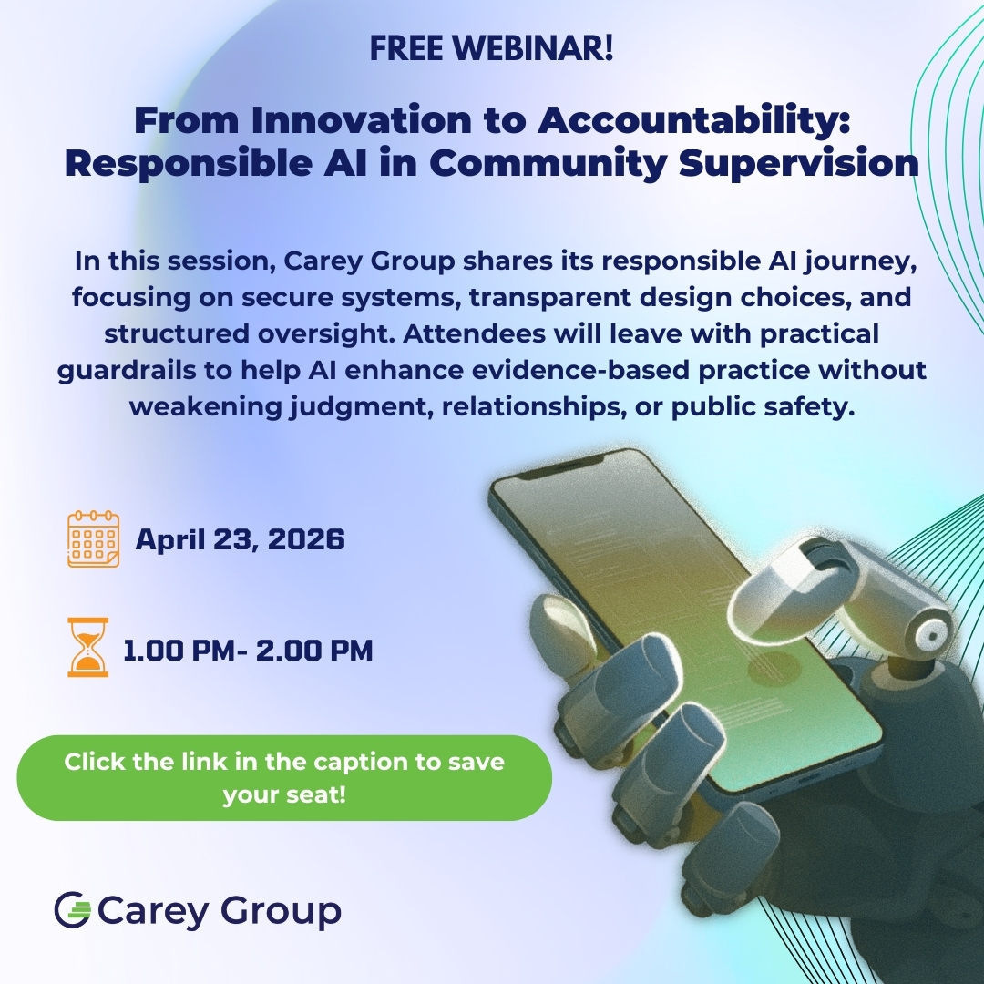 Carey__Group's tweet photo. AI tools are moving quickly into community supervision settings. Are your policies and leadership practices keeping pace? 

On April 23, 2026 | 1:00 – 2:00 PM ET, we will explore what responsible AI implementation truly requires.  

https://t.co/TUDXGM13JS https://t.co/yDNoYbfjAB