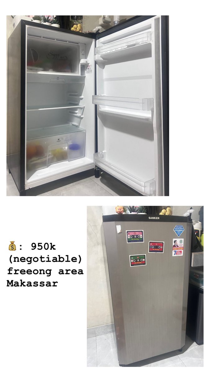 unhasfess_'s tweet photo. 💰! (PRELOVED) DIJUAL KULKAS, barangkali ada yang butuh. Kondisi: mulus, semuanya berfungsi, muat banyak

Jual di harga 950k negotiable &amp; free ongkir area Makassar https://t.co/a6hI8D7omD