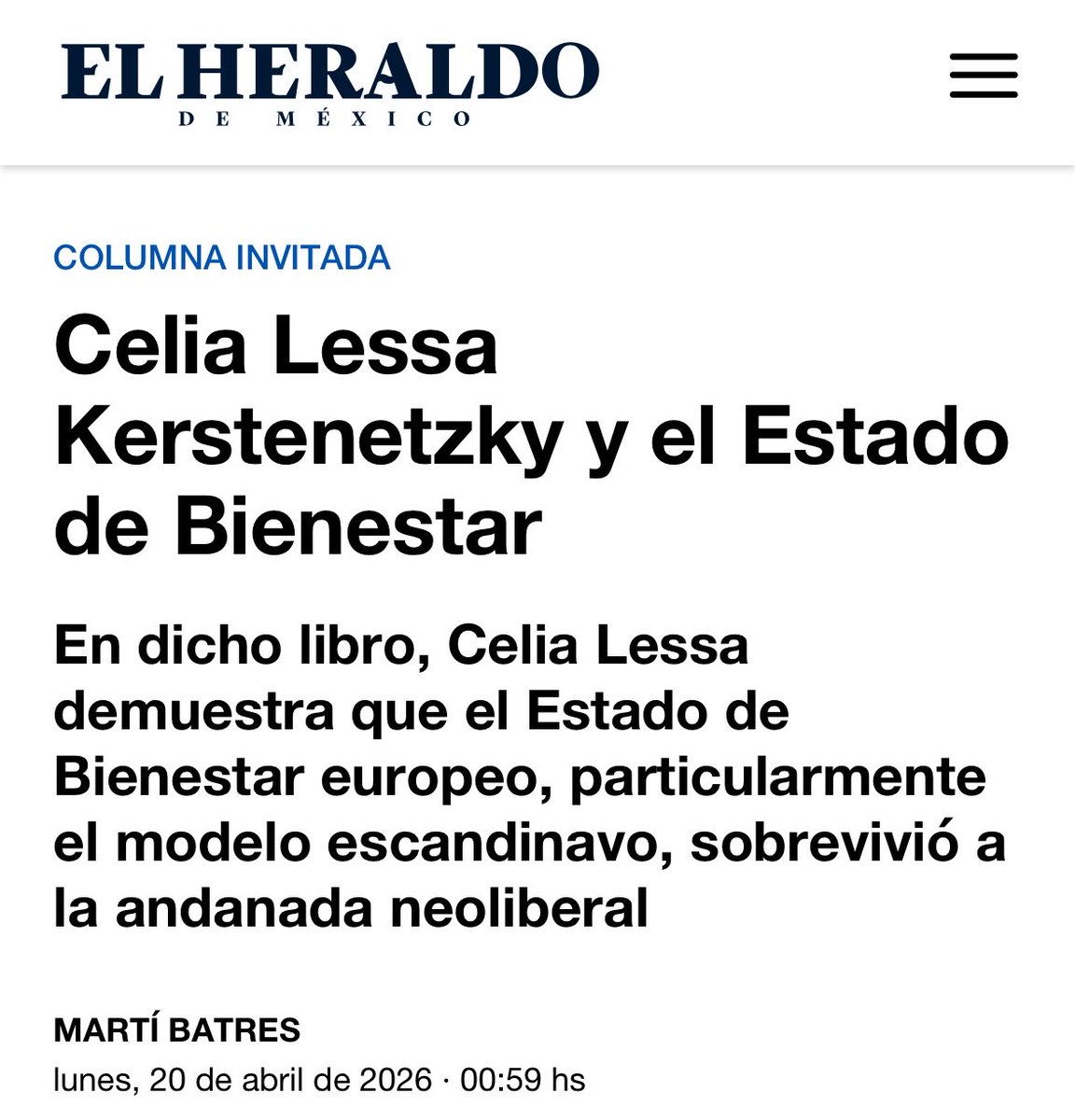 Celia Lessa refuta los prejuicios neoliberales de quienes consideran que a mayor igualdad hay menos crecimiento y postula que una mejor salud, capacidad de consumo y educación de los trabajadores potencian la economía.

heraldodemexico.com.mx/opinion/2026/4…