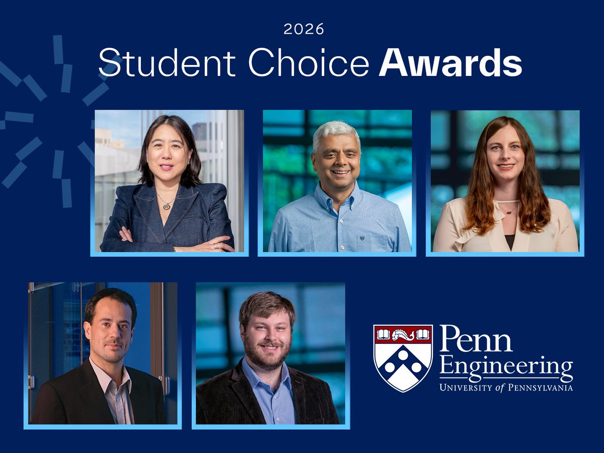 PennEngineers's tweet photo. Announcing the 2026 Penn Engineering Student Choice Awards, which are presented by EDAB and USABE in recognition of faculty excellence in teaching, mentorship and student advocacy.

Congrats to Vanessa Chan, Sid Deliwala, Samantha McBride, Alejandro Ribeiro and Anthony Sigillito!

https://t.co/QlG82r9hH7