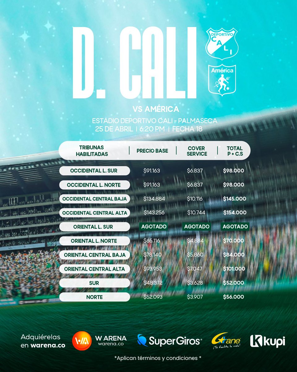 warenaoficial's tweet photo. ¡Todo listo para el clásico vallecaucano! 🟢⚪️

Hincha verdiblanco no te podes quedar sin lugar en la tribuna 🏟️😅

Compra ahora tu entrada para alentar al @DeportivoCaliCP en 🔗https://t.co/pKEjCbAPOv o en puntos SuperGIROS https://t.co/ZoXwBzm7J6