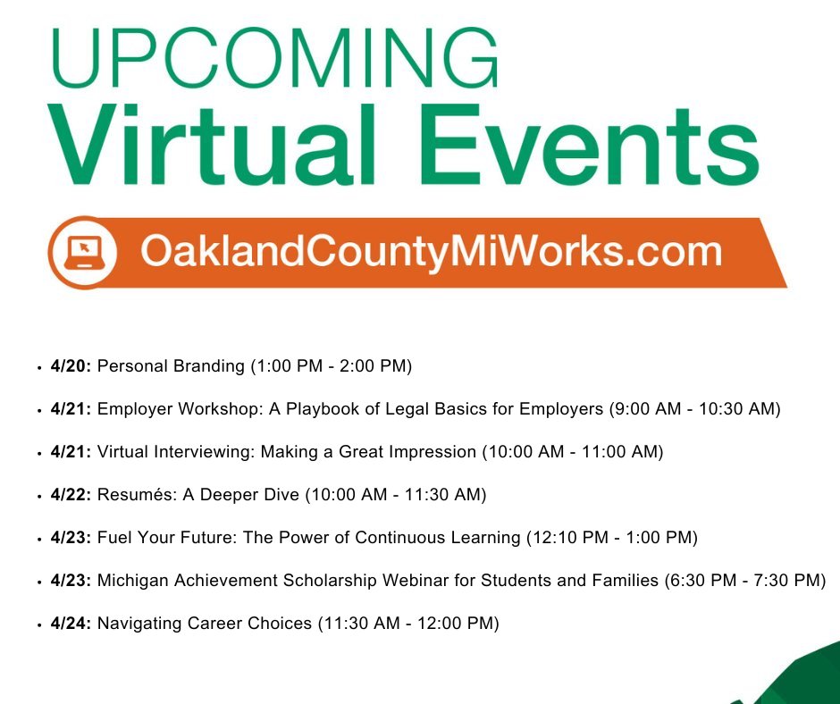 OaklandMIWorks's tweet image. #OaklandCounty Michigan Works! and the team of #Oakland80 career &amp;amp; education navigators invite you to join us throughout the week for virtual career workshops, including this month's employer workshop, A Playbook of Legal Basics for Employers. Register at tinyurl.com/mtxb567r.