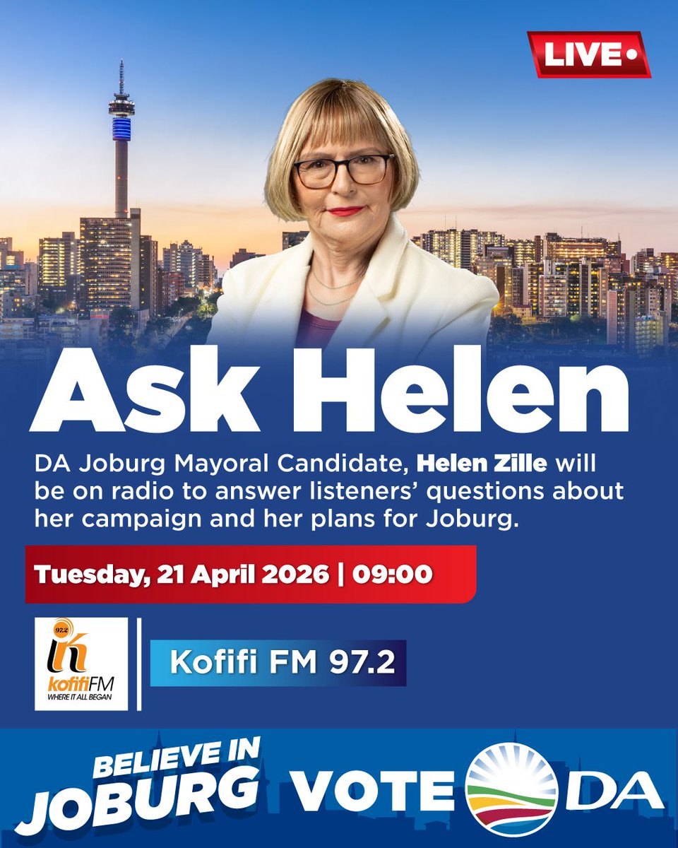 DA_JHB's tweet photo. 🚨Don't miss the 'Ask Helen' segment  tomorrow on @KofifiFM_972 at 9:00am.

#Zille4Mayor 
#BelieveInJoburg https://t.co/zeIy7SENvf