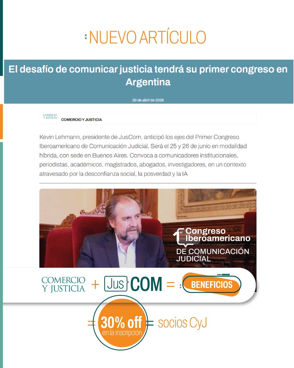 juscom_org's tweet photo. ¡Hola Juscomers! ¡Tenemos novedades!
En esta entrevista, nuestro Presidente Kevin Lehmann, habla sobre los ejes que se tocarán en el Primer Congreso Iberoamericano de Comunicación Judicial.
¡Tienen tiempo hasta el 22.04.26 para presentar sus ponencias!
https://t.co/mIqq12KsRL https://t.co/sMmFntlPXj