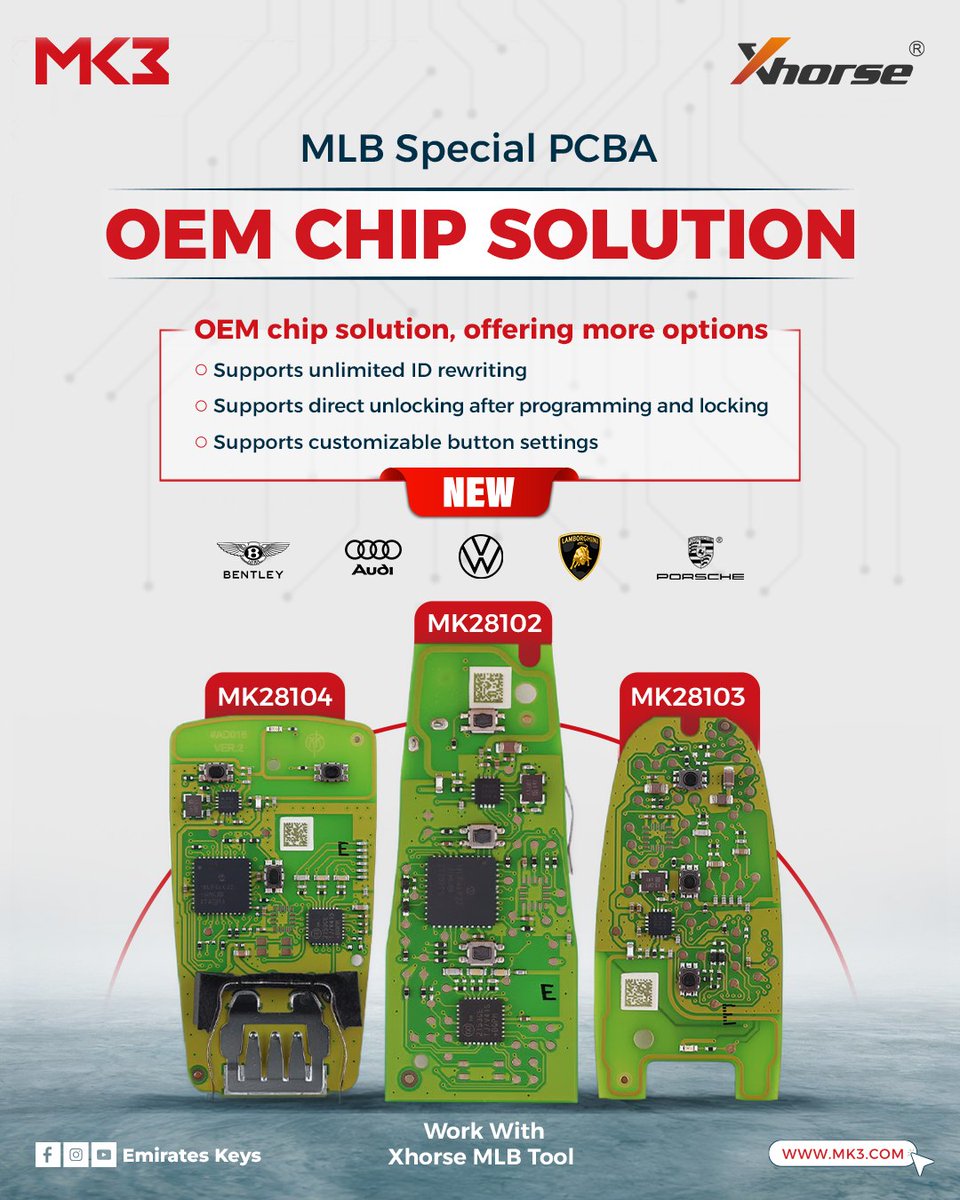 NDelhiEmirKeys's tweet image. 🔧 Xhorse MLB PCBA – OEM chip for Audi &amp;amp; Porsche MLB keys with fast, reliable programming &amp;amp; unlimited rewriting.

🚗 Supports A4, A8 &amp;amp; Porsche MLB models.

📱 +971 52 500 4707

#MK3 #Xhorse #MLB #OEMChip #SmartKey #KeyProgramming #AutoLocksmith #Audi #Porsche
