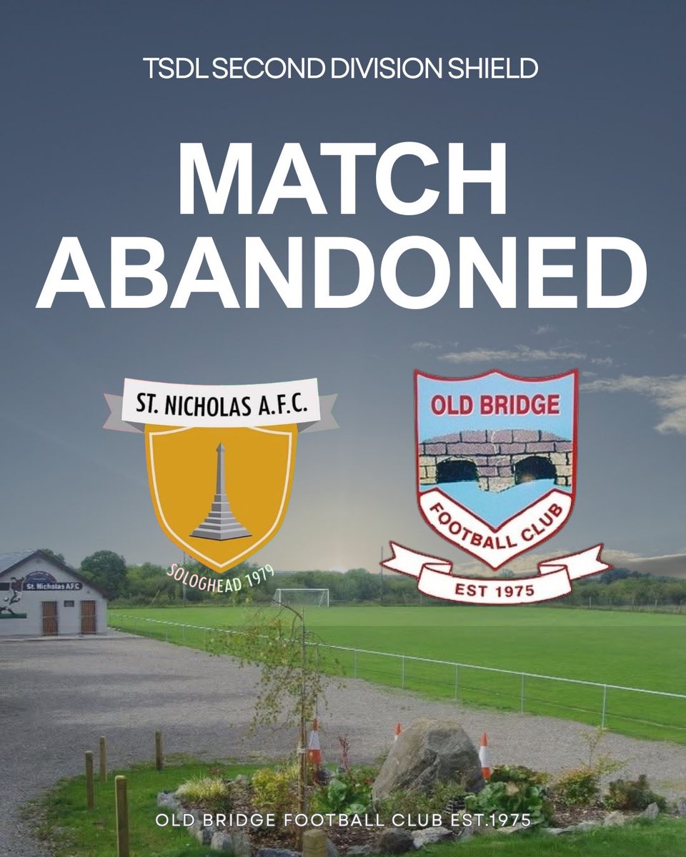 oldbridgefc's tweet photo. MATCH ABANDONED VS ST NICHOLAS 

Our game against St Nicholas's was abandoned after 10 minutes on Sunday due to a serious injury to Evan from St. Nicholas, all of us here at Old Bridge would like to wish him well and hopefully he has a speedy recovery. https://t.co/dd2TEki6TE