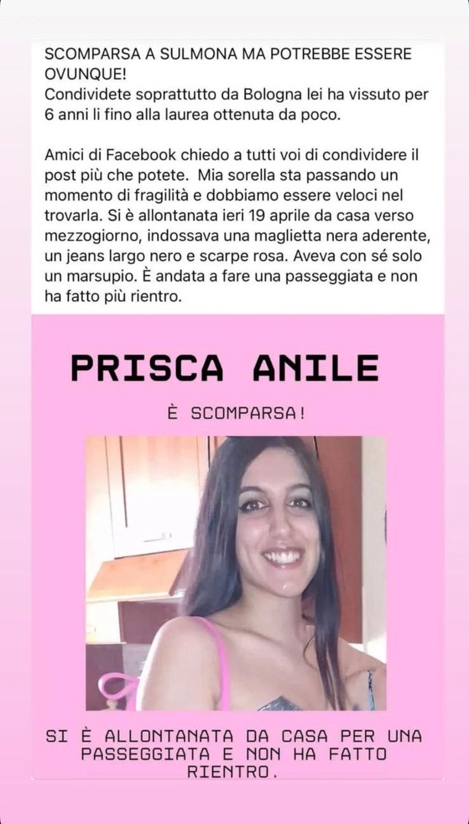 è sparita questa ragazza, per favore condividete🙏🙏
se la vedete avvisate direttamente le forze dell’ordine