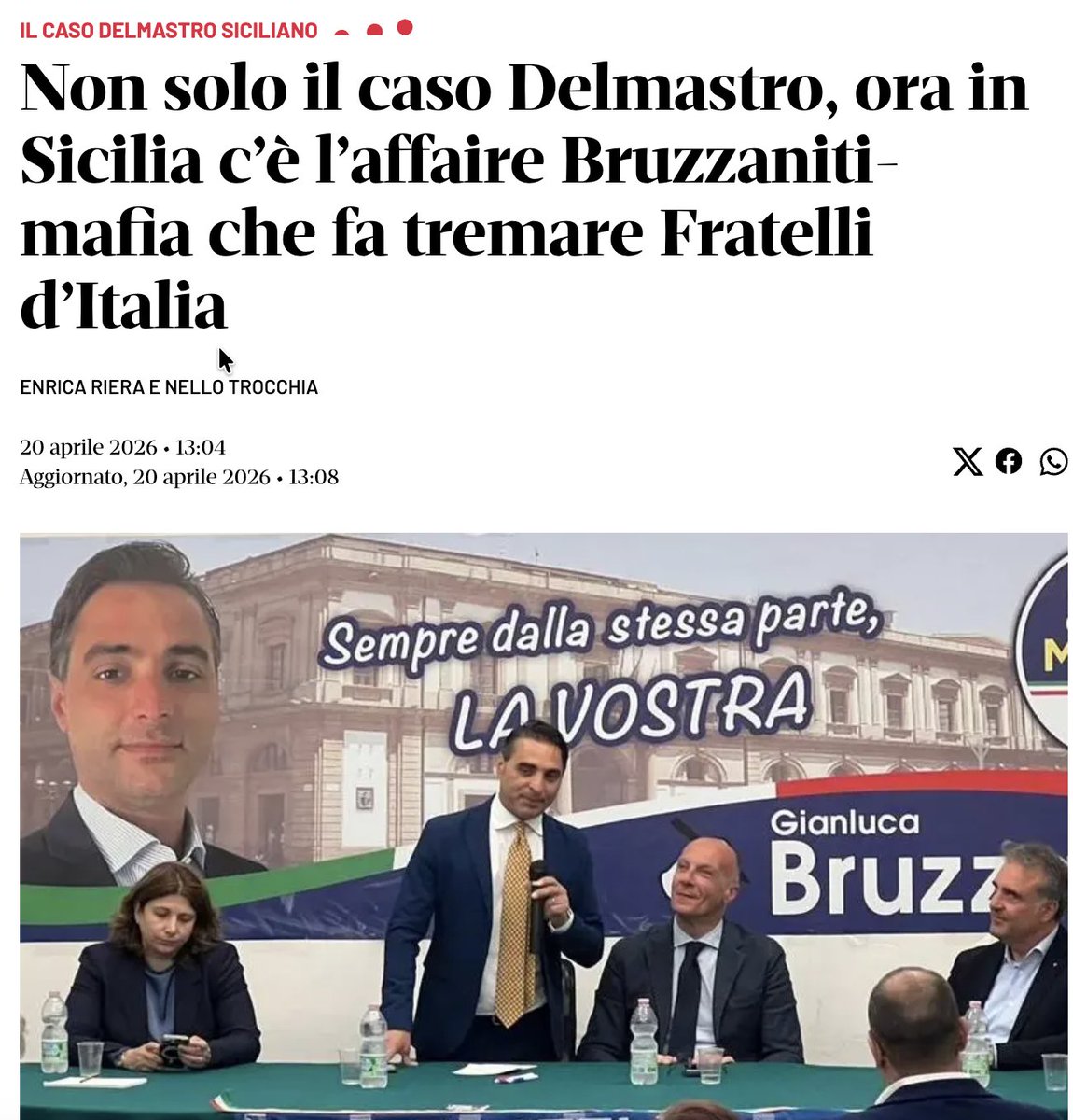 ‼️Fratelli d' Italia &amp; mafia - in Sicilia c'è l'affaire Bruzzaniti - mafia.

Bruzzaniti è il numero uno del partito in provincia e ha portato voti ai parlamentari nazionali.

Sempra dalla stessa parte, stavolta hanno confessato.
Sono meravigliosi non passa giorno che... 🤬