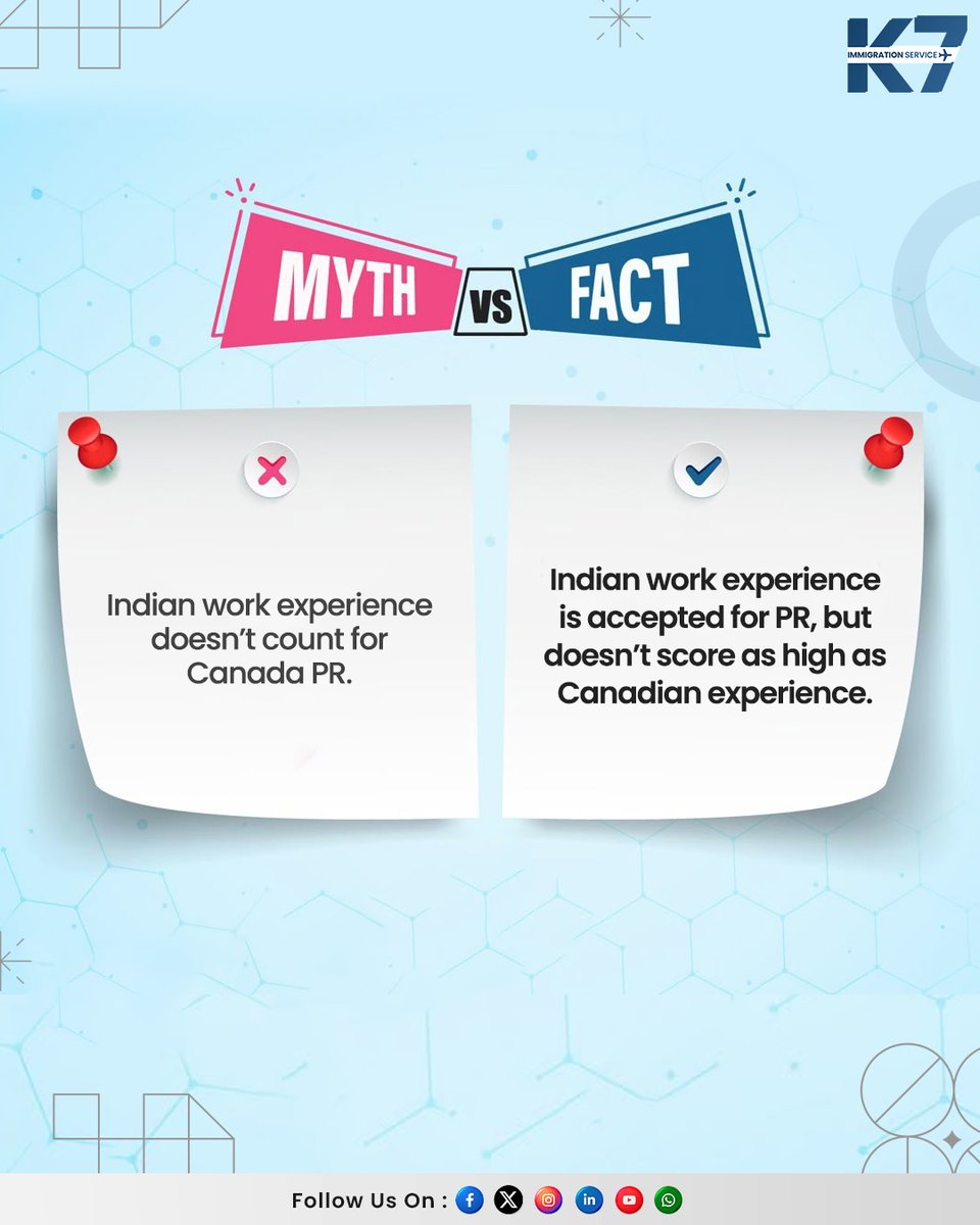 k7immigration's tweet image. Indian work experience does count for Canada PR — it just doesn’t carry the same weight as Canadian experience in CRS scoring.
Understanding the difference can make all the difference in your PR strategy.

📩 Connect with us to plan smarter.
.
#canadaimmigration #CEC #PRPathway