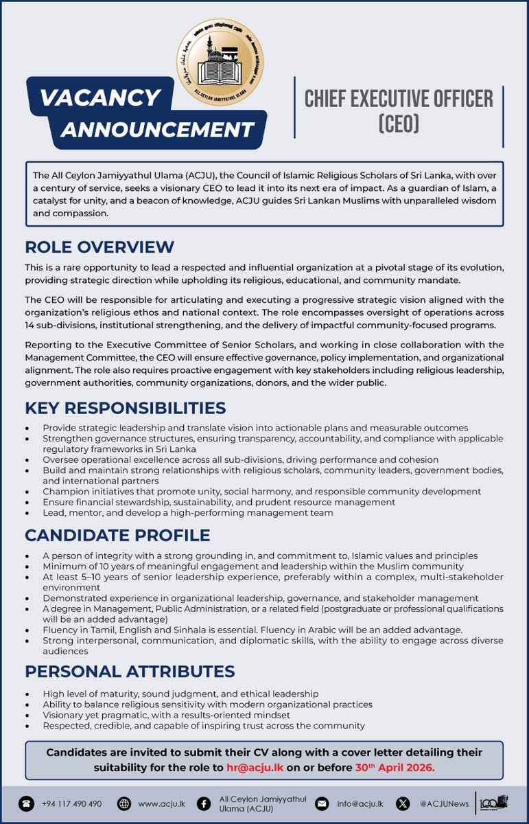 ACJUNEWS's tweet image. 🔸 𝐕𝐀𝐂𝐀𝐍𝐂𝐘 𝐀𝐍𝐍𝐎𝐔𝐍𝐂𝐄𝐌𝐄𝐍𝐓 : 𝐂𝐇𝐈𝐄𝐅 𝐄𝐗𝐄𝐂𝐔𝐓𝐈𝐕𝐄 𝐎𝐅𝐅𝐈𝐂𝐄𝐑 (𝐂𝐄𝐎)

▪️ About us: acju.lk/about-us-e/
▪️ For more information: hr@acju.lk | 0117 490 490
▪️ Deadline - 30.04.2026

#acju #vacancy #CEO #jobopportunity #srilanka