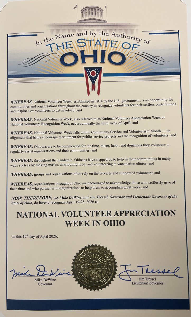 ServeOhio's tweet image. It's National Volunteer Week! Thank you @GovMikeDeWine  and @LtGovJimTressel for making it official in Ohio, and thank you to the thousands of volunteers across the state who make a difference in their communities everyday! #NVW #volunteering