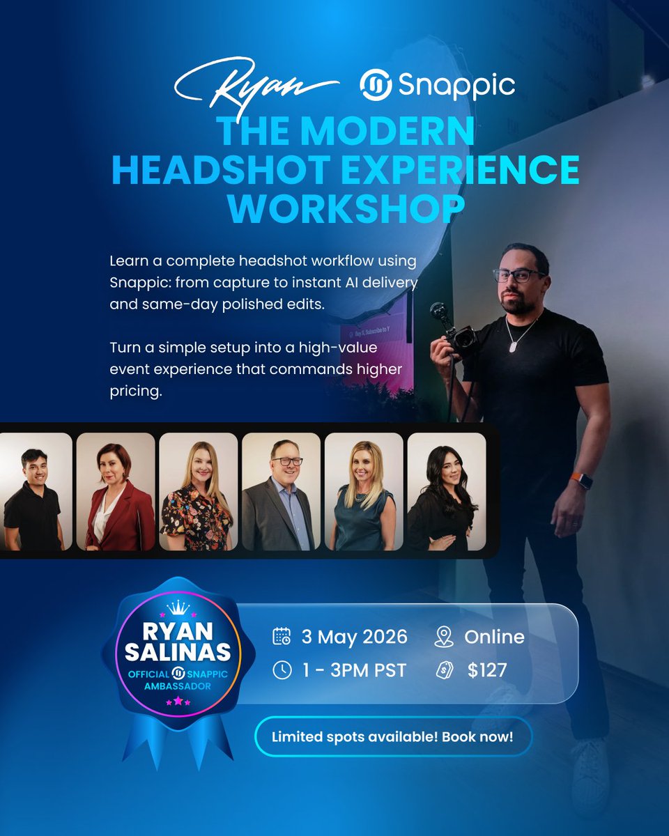 Still offering basic headshots? Time to upgrade.
Snappic Ambassador Ryan Salinas hosts The Modern Headshot Experience Workshop, learn to turn headshots into a premium, high-revenue experience.

AI delivery, pro edits, better workflows &amp; more
3 May | Online
ryansalinas.com/the-modern-hea…