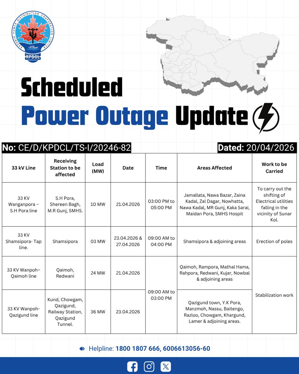 kpdcloffice's tweet image. Scheduled Power Shutdown Update of 33 KV Lines.

Stay prepared!

We regret the inconvenience caused.

#KPDCL #SHUTDOWN

@CM_JnK @OfficeOfLGJandK @diprjk @nasirsogami @DivComKash @GreaterKashmir @RisingKashmir