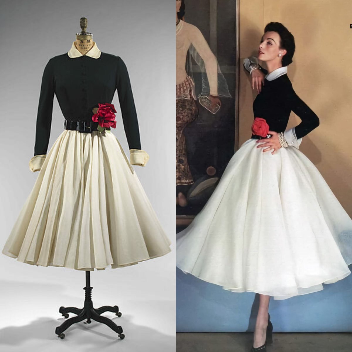 vickyhaddock's tweet image. American fashion designer Norman Norell was born #OnThisDay in 1900. He designed this 1951 dinner dress, consisting of a black jersey bodice with organdie collar and cuffs, and a skirt made of white cotton organdie with a black belt and red silk rose. @metmuseum #fashionhistory