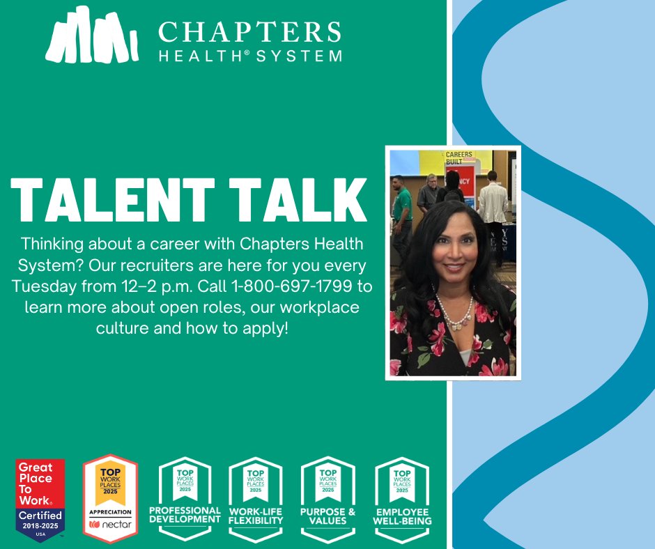 ChaptersCareers's tweet image. Searching for more than just a job? Talent Talk is tomorrow! Speak with our recruiters about open positions, professional development opportunities and the work culture that makes our organization a Great Place to Work. We can't wait to connect with you!

#CareerGrowth #Hiring