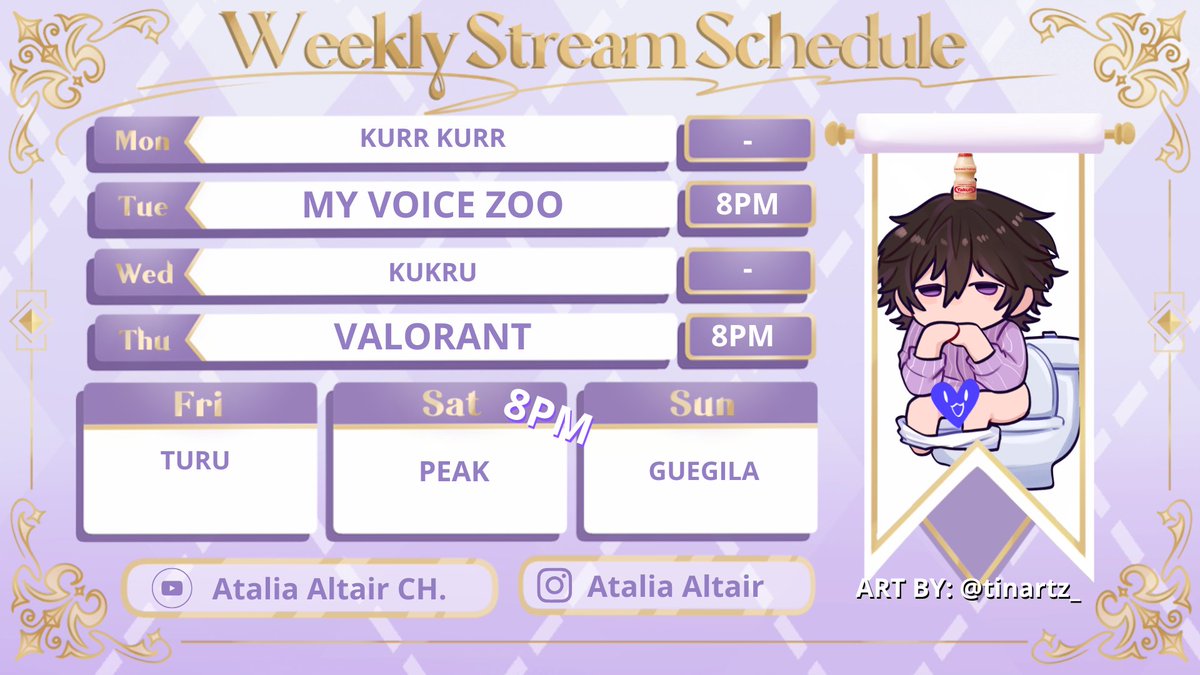 AtaliaAltair's tweet photo. 【WEEKLY SCHEDULE】 
Yahooooo dan lagi dengan skedul mingguan kita yang isinya alonima 
General : #ataliaaltair  
Fanart : #ataliart  
Live : #atalilive  
Meme : #atallain  
Art: @tinartz_ https://t.co/2GXKpnQTBB