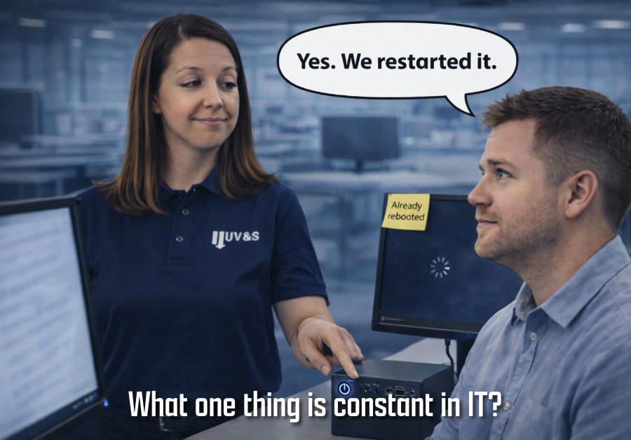 UVSTechnology's tweet photo. What one thing is constant in IT?
IT Tech: "Have you rebooted?"

Trivia: Restarting your computer can fix roughly what percent of common issues? https://t.co/o87mmNEPy7