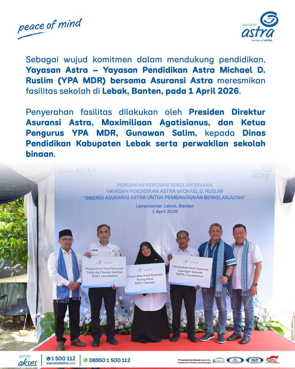 _AsuransiAstra's tweet image. 💙 Dari ruang belajar, tumbuh masa depan yang lebih baik.

Asuransi Astra bersama YPA MDR meresmikan sekolah di Lebak, Banten pada 1 April 2026, untuk ruang belajar yang lebih layak.

Pendidikan membuka lebih banyak peluang. ✨

#AsuransiAstra #PeaceOfMind #KolaborasiUntukNegeri