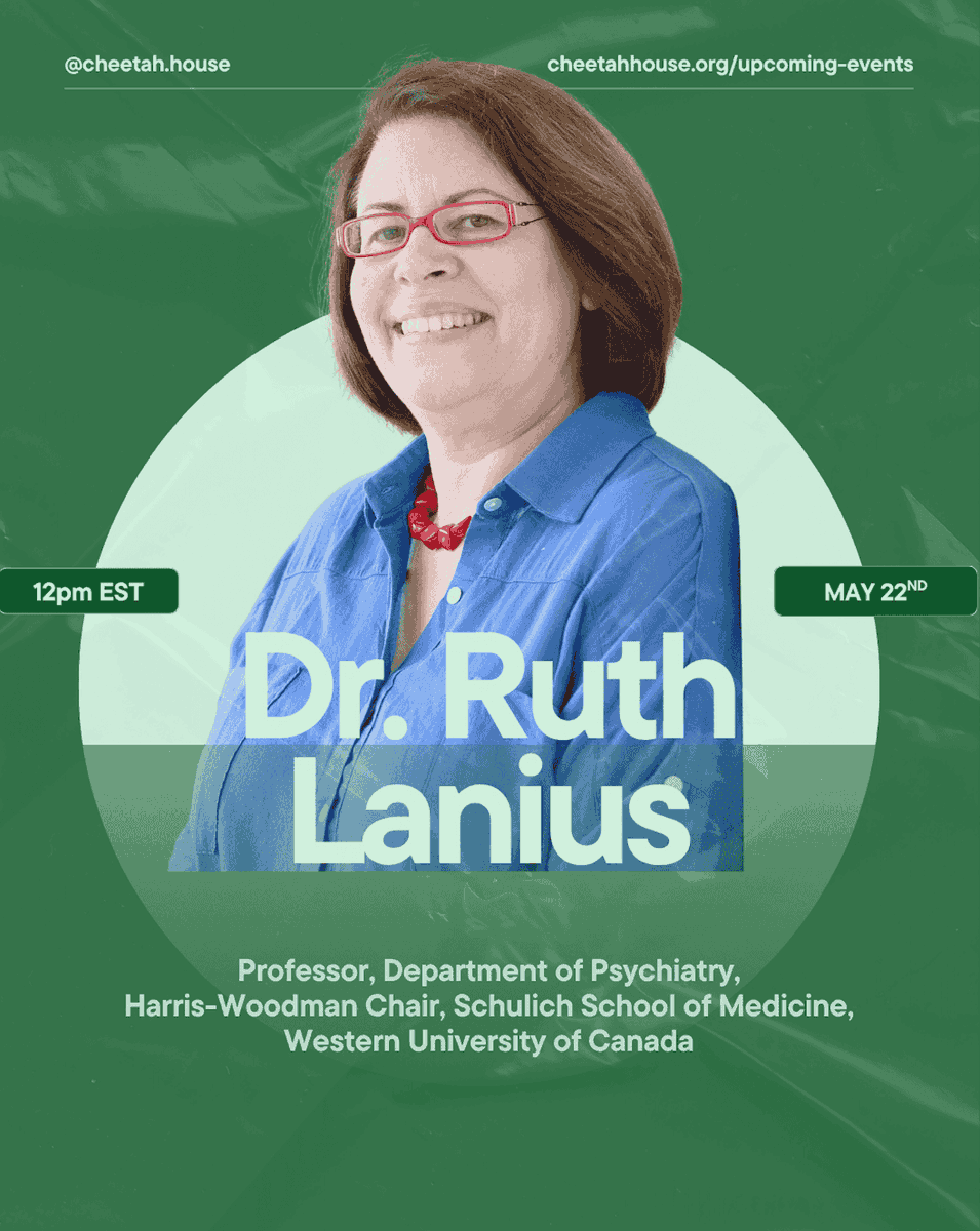 CheetahHouseOrg's tweet photo. How does trauma sever the link between mind and body?We're so happy to announce our rescheduled talk by Dr. Ruth Lanius, Director of the PTSD Clinical Research Program, to explore neuroscience-informed paths to healing. Save 60% with code EBRUTH through 5/9 https://t.co/X9yglMh1bH