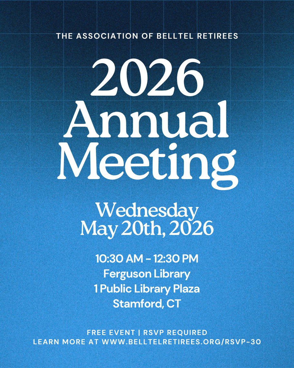 BellTelRetiree's tweet image. Save the date — our 2026 Annual Meeting is ONE MONTH AWAY!

RSVP:
forms.donorsnap.com/form?id=874166…

LEARN MORE:
belltelretirees.org/rsvp-30/

#belltelretirees #retirees #telecoms #stamford #stamfordct