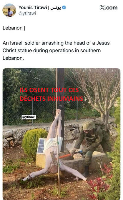 Ni les femmes ni les enfants ni les monuments historiques , ni même la statue du CHRIST n'échappent à la barbarie de l'armée  inhumaine et cruelle de  l'Etat voyou géré par les  porcs génocidaires NETENYAHOU-BEN GVIR-SMOTRICH ...