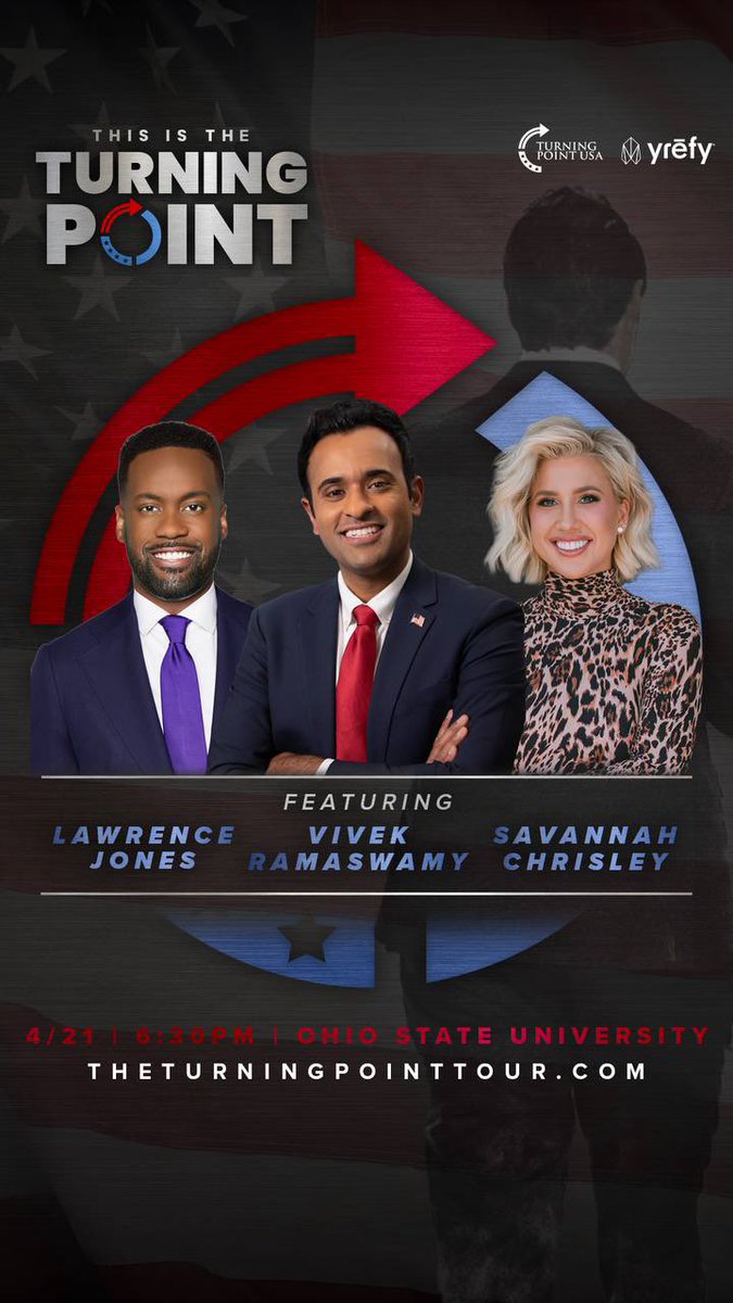 The <a href="/TPUSA/">Turning Point USA</a> chapter at <a href="/OhioState/">Ohio State</a> is hosting <a href="/VivekGRamaswamy/">Vivek Ramaswamy</a>, <a href="/_ItsSavannah_/">Savannah Chrisley</a> AND <a href="/LawrenceBJones3/">Lawrence Jones III</a> on campus TOMORROW at 6:30 pm🇺🇸

Our <a href="/tpusastudents/">TPUSA Students</a> will always continue <a href="/charliekirk11/">Charlie Kirk</a>’s legacy. This is the Turning Point.