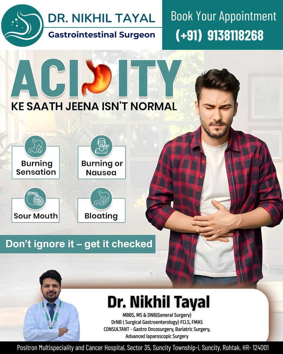 DrNikhilTayal's tweet image. Acidity isn’t something you should live with every day—it’s your body asking for attention. ⚠️
-
Dr. Nikhil Tayal, MBBS, MS, DNB, DrNB, Gastrointestinal Surgeon
-
📞 Book your appointment today: (+91) 9138118268
-
#DrNikhilTayal #AcidityRelief #DigestiveHealth #GutHealth