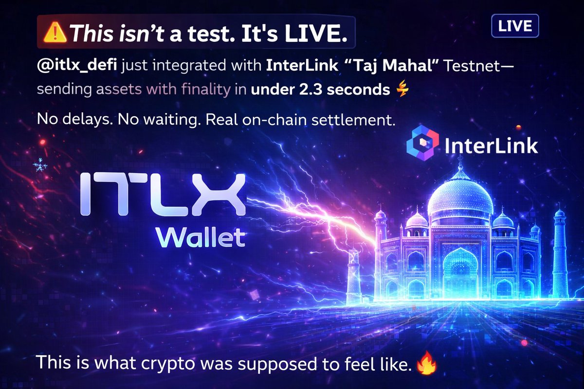 MdMizan24315225's tweet photo. 🚨 This isn’t a test. It’s LIVE.
@itlx_defi just integrated with InterLink “Taj Mahal” Testnet — sending assets with finality in under 2.3 seconds ⚡
No delays. No waiting. Real on-chain settlement.
This is what crypto was supposed to feel like. 🔥
#InyerLink #ITLG #ITL #ITLX https://t.co/bcAfw1kQrO