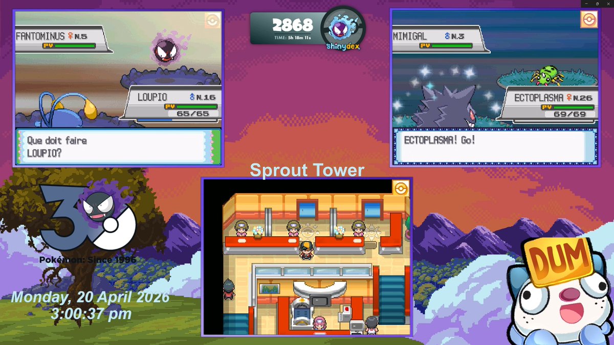 [Random Encounters 4G - Mega Quest] ☆ Shiny Gastly after only 2,868 re's !! Feels so good to find a target that quick ! Evolved into Gengar for the Mega Quest, this sprite is insanely cool. #ShinyPokemon