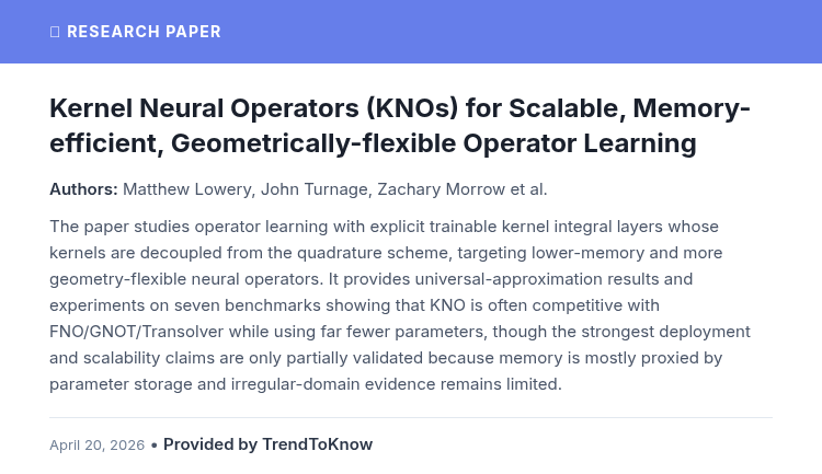 aitrendings's tweet photo. Kernel Neural Operators (KNOs) for Scalable, Memory-efficient, Geometrically-flexible Operator Learning
👥 Matthew Lowery, John Turnage, Zachary Morrow et al.
#AIResearch #MachineLearning #NeuralOperators
🔗 https://t.co/yLAwgrbFFu https://t.co/26kKnqTgrg