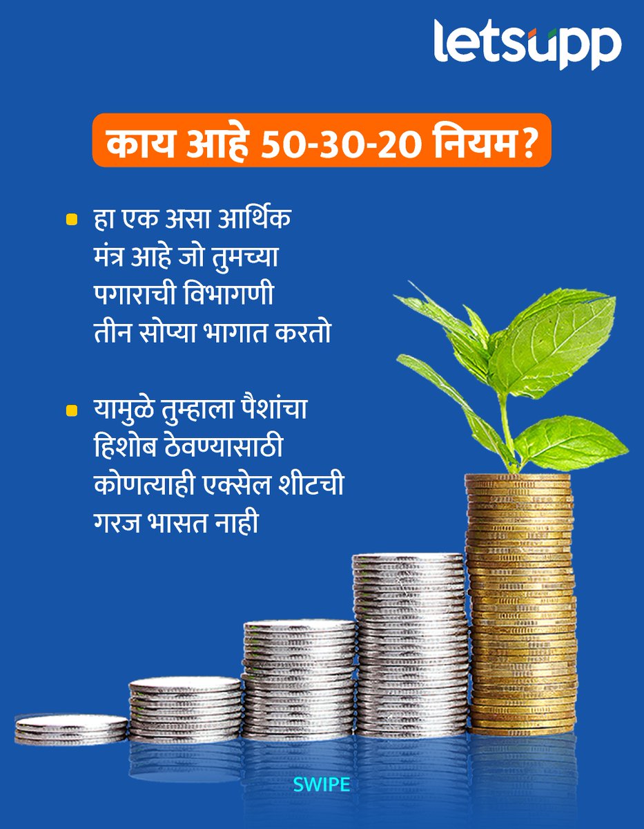 LetsUppMarathi's tweet image. श्रीमंत होण्याचा 50-30-20 चा फॉर्म्युला नेमका काय?
-
#SavingFormula #InvestmentTips #InvestmentStrategy #savingmoney #moneysavingtips #lifestyle #LetsUppNews #LetsUppMarathi