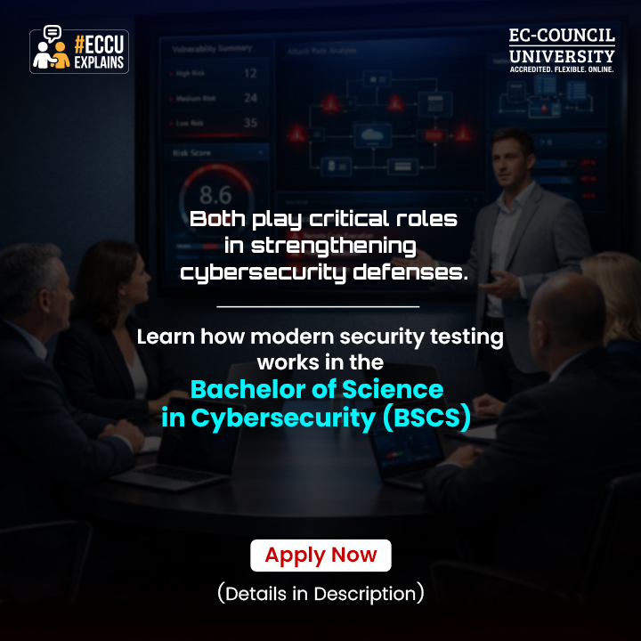 EC_Council_Univ's tweet photo. Explore the Bachelor of Science in Cyber Security (BSCS). Apply now → https://t.co/JuIsU11ZS9

#CyberSecurity #EthicalHacking #PenTesting #OffensiveSecurity #InfoSec #CyberSkills #CyberCareers #BSCS #LearnCyber #SecurityTesting #ECCU https://t.co/aoxSjb7Ruv