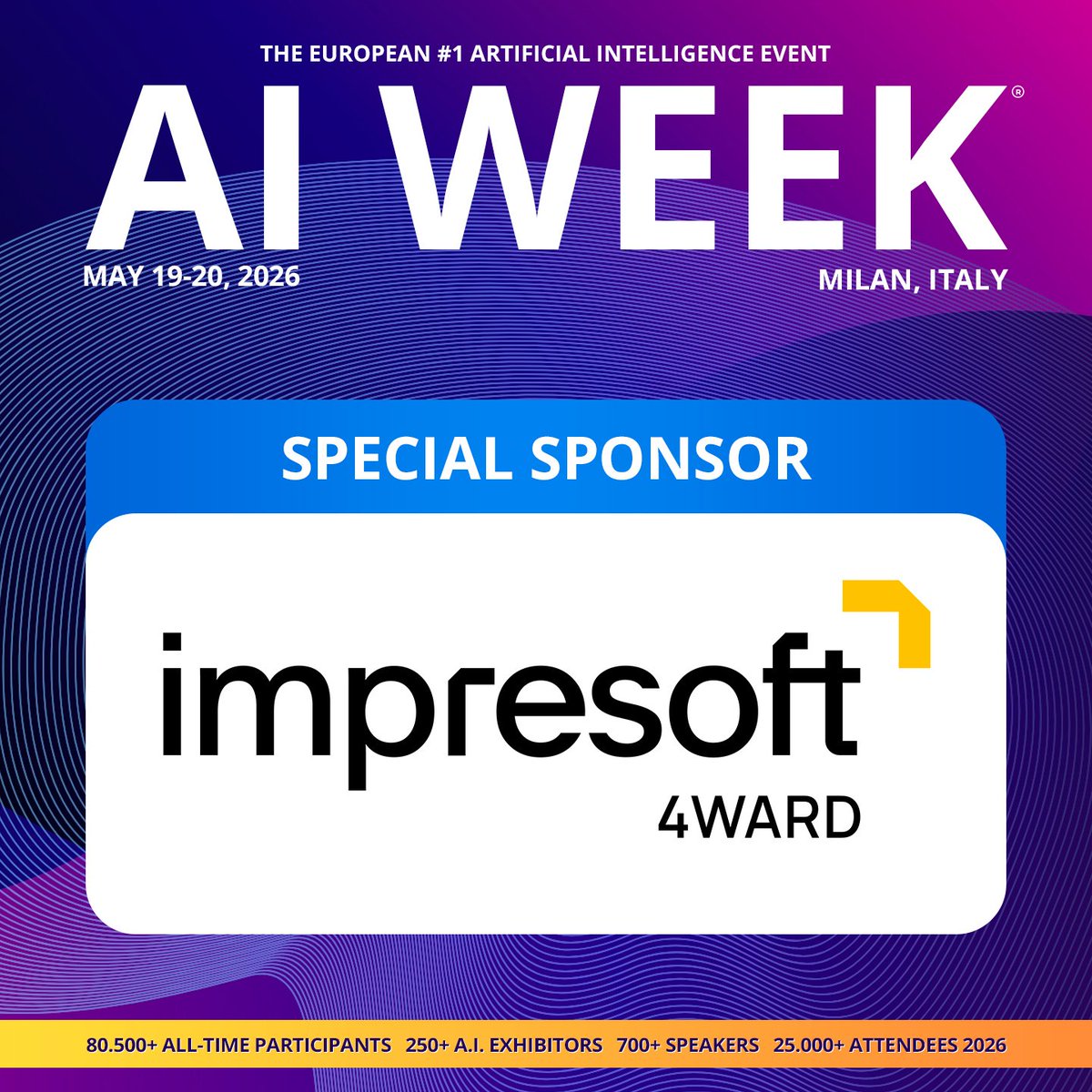 4wardit's tweet image. Impresoft 4ward parteciperà all'#AI #WEEK #2026 in qualità di 𝐒𝐩𝐞𝐜𝐢𝐚𝐥 𝐒𝐩𝐨𝐧𝐬𝐨𝐫, insieme a Impresoft Engage e Impresoft Univerce!

📅 19-20 maggio 2026 | Milano, Fiera Rho
Ti aspettiamo al nostro stand, iscriviti subito all'evento 👉eu1.hubs.ly/H0tFTL_0