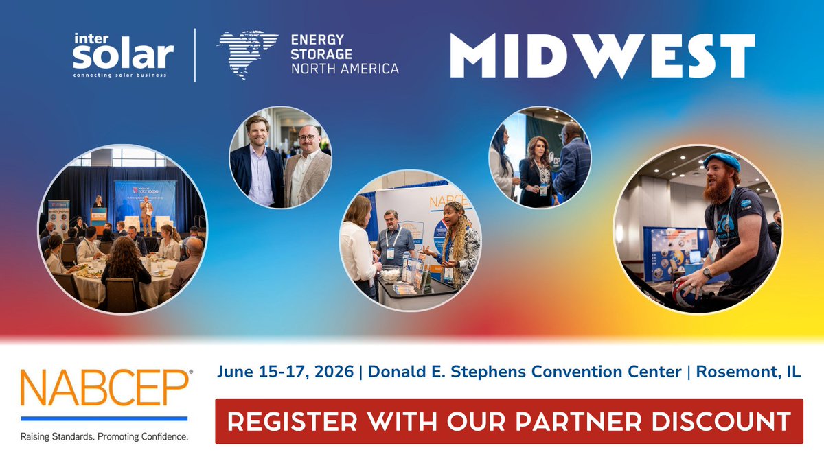 NABCEP's tweet photo. We’re proud to be a partner for @ISNAESNA  Midwest 2026, taking place June 15-17 in Rosemont, IL! Join us to unlock insights, deal-ready connections, and proven solutions to move forward and earn NABCEP CEUs. Use discount (promo code NABCEP26) for 20% off: https://t.co/izZWwXD4us https://t.co/gkLlEK7GK5