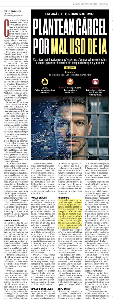 letroblesrosa's tweet image. ‼️EXTRA‼️ Desde el @senadomexicano , México va por la primera ley que regulará la Inteligencia Artificial.

El ciudadano podrá “defenderse” de ella y habrá hasta cárcel por incurrir en prácticas prohibidas, como el  deepfakes.

Detalles en @Excelsior 

excelsior.com.mx/nacional/senad…