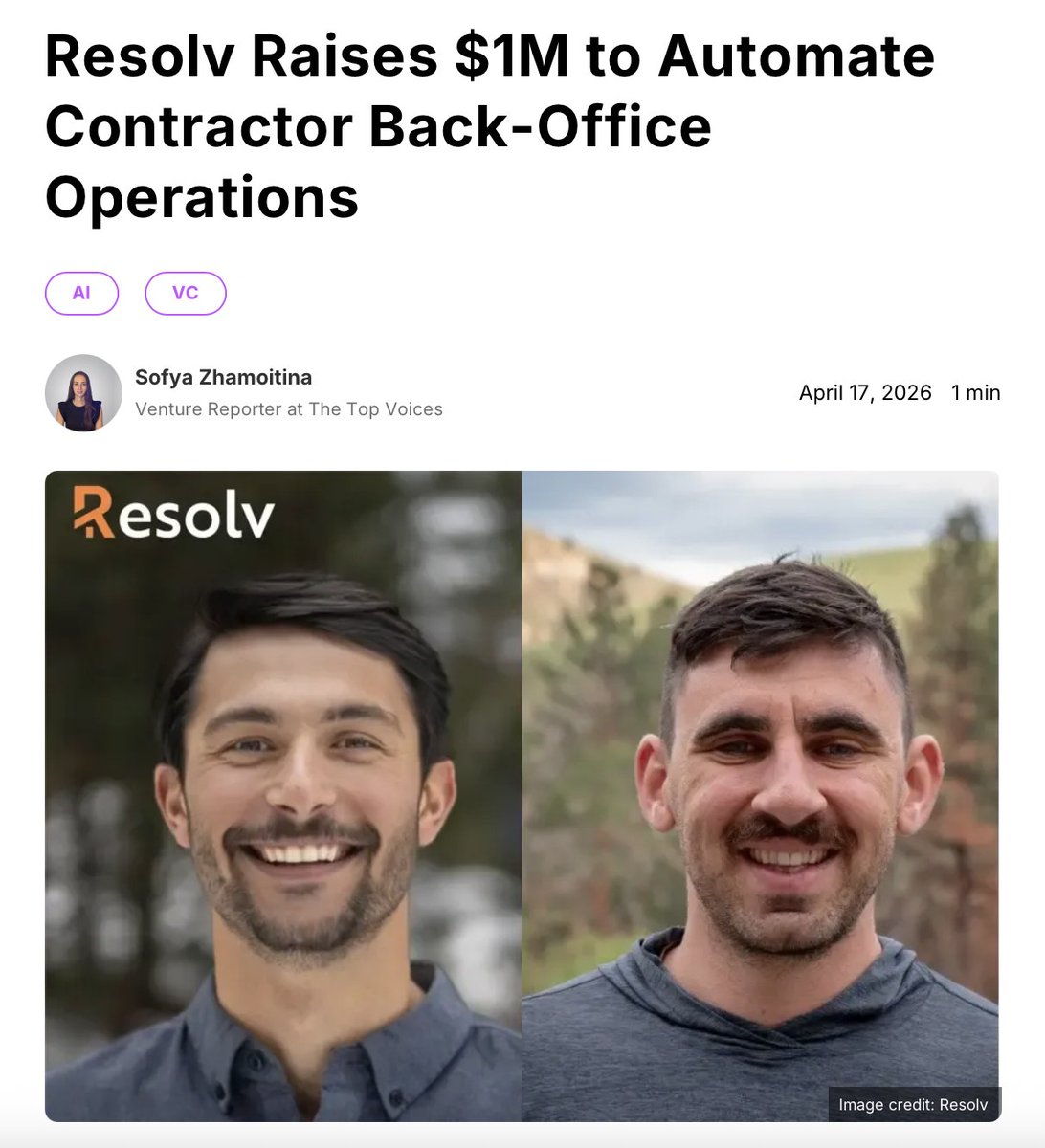 Excited to back Resolv - $1M pre-seed to automate rebates for home services contractors 🎉 

$10M secured for ~100 contractors in year one. Now expanding into permits, warranties &amp; beyond. 

Co-led by <a href="/redbudvc/">Redbud VC</a> and <a href="/EquipmentShare/">EquipmentShare</a> 

🔗thetopvoices.com/story/resolv-r…