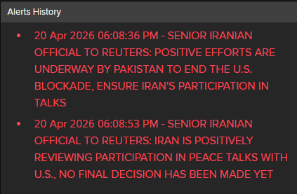 IRANIAN OFFICIAL TO REUTERS: POSITIVE EFFORTS ARE UNDERWAY BY PAKISTAN TO END THE U.S. BLOCKADE, ENSURE IRAN'S PARTICIPATION IN TALKS

SENIOR IRANIAN OFFICIAL TO REUTERS: IRAN IS POSITIVELY REVIEWING PARTICIPATION IN PEACE TALKS WITH U.S., NO FINAL DECISION HAS BEEN MADE YET