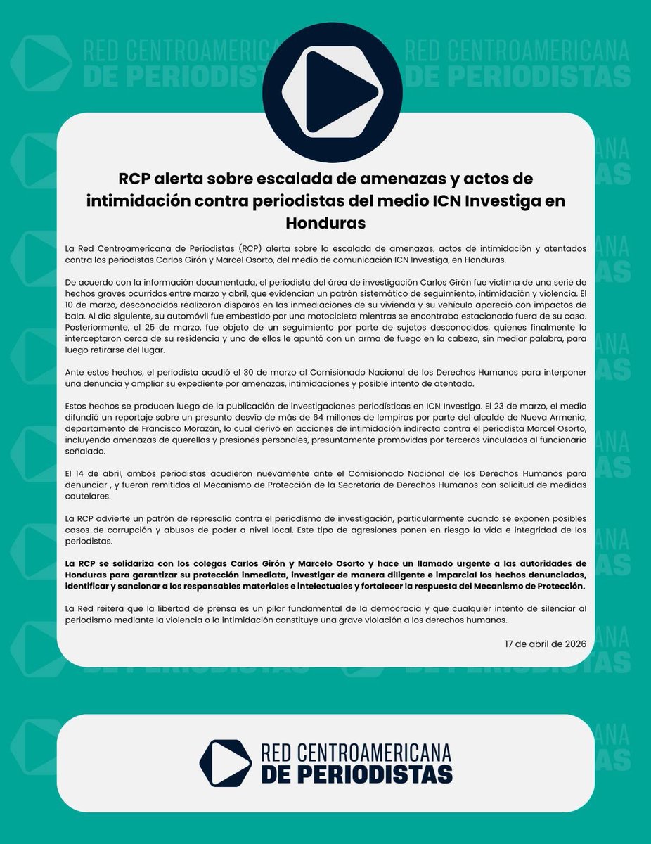#AlertaRCP | La Red Centroamericana de Periodistas alerta sobre amenazas, intimidación y atentados contra los periodistas Carlos Girón y Marcelo Osorto, de ICN Investiga, en Honduras <a href="/ICNDigital/">ICN.Digital</a>. Urge protección inmediata, investigación imparcial y sanción para los responsables.