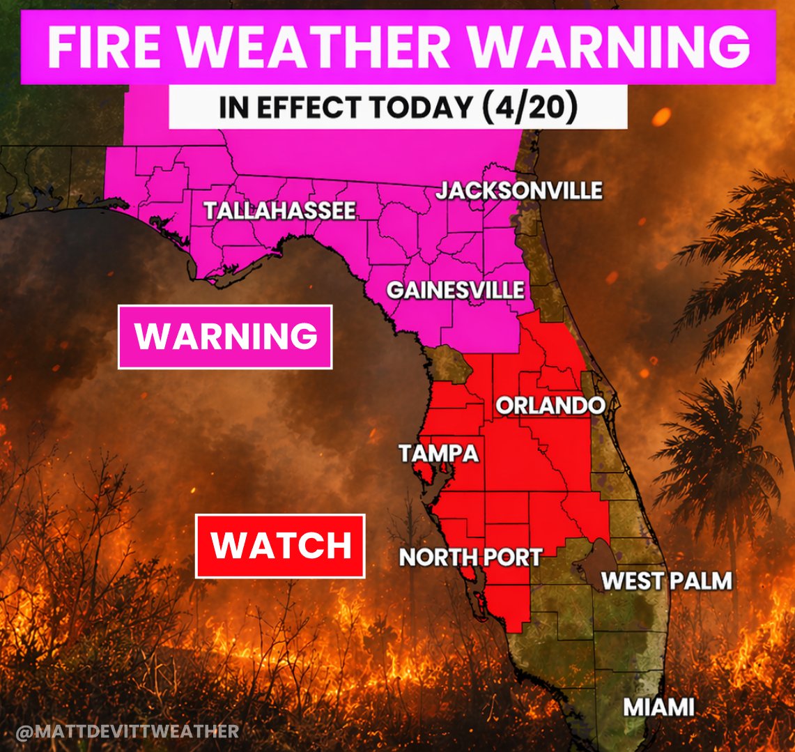 MattDevittWX's tweet image. HEADS UP! 🔥 High fire danger today across #Florida due to low humidity, breezy weather and our drought. Any fires that spark could spread quickly. Be on alert!