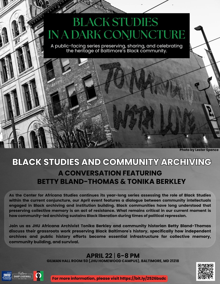 LesterSpence's tweet photo. This week in Baltimore! Join us for a critical conversation about community institution building and black archive development in Baltimore, featuring CAS archivist Tonika Berkley and community historian Betty Bland-Thomas. https://t.co/f7lJyYiq2s