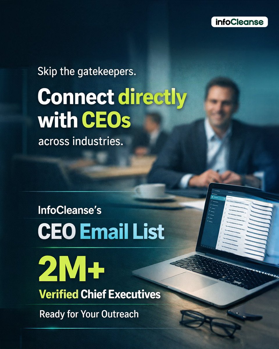 InfoCleanseTeam's tweet photo. Want to pitch directly to the top? 

InfoCleanse's CEO Email List gives you direct, verified access to Chief Executive Officers across industries and geographies worldwide. Stop waiting for referrals — start connecting at the top. 

Get it now: https://t.co/eh1xhlBgEH https://t.co/u5RGSmUfjy